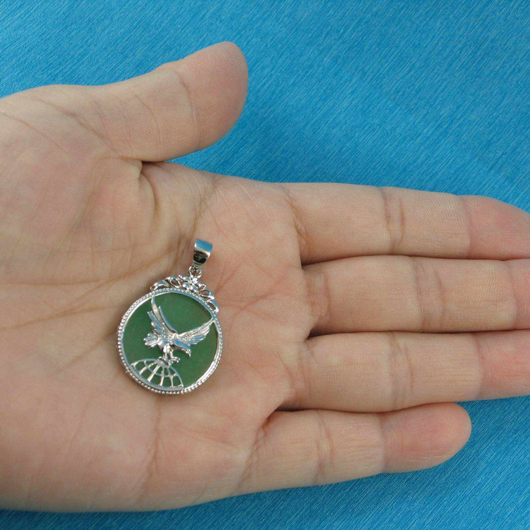 Solid Sterling Silver 925 Eagle Green Jade Pendant