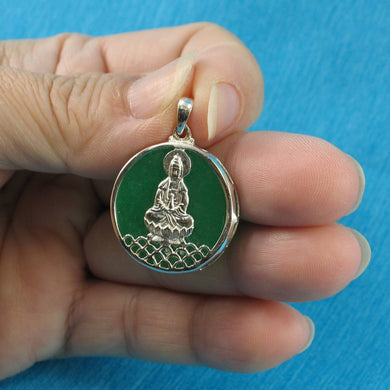 Solid Sterling Silver 925 Kuan Yin Green Jade Pendant