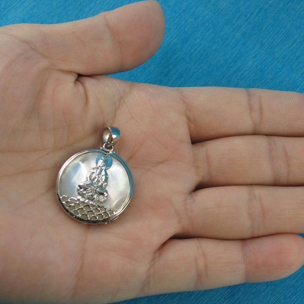 Solid Sterling Silver 925 Kuan Yin Mother of Pearl Pendant