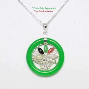 Solid Sterling Silver Multi-Color Flower Basket Green Jade Pendant