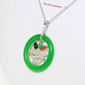 Solid Sterling Silver Multi-Color Flower Basket Green Jade Pendant