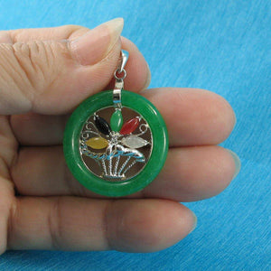 Solid Sterling Silver Multi-Color Flower Basket Green Jade Pendant