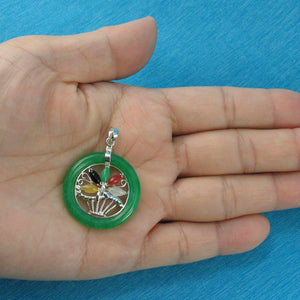 Solid Sterling Silver Multi-Color Flower Basket Green Jade Pendant