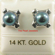 Load image into Gallery viewer, Solid 14k White Gold Square Four Hearts Black Cultured Pearl Stud Earrings