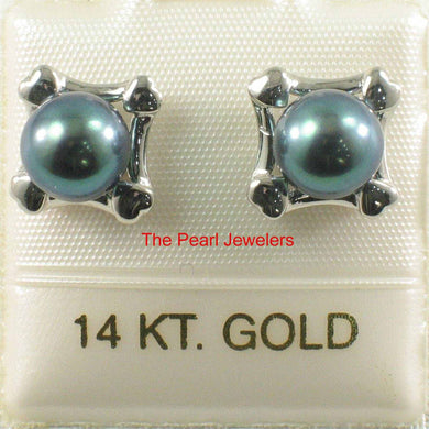 Solid 14k White Gold Square Four Hearts Black Cultured Pearl Stud Earrings