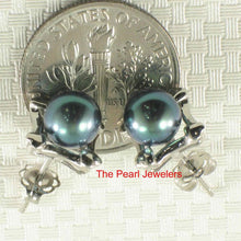 Load image into Gallery viewer, Solid 14k White Gold Square Four Hearts Black Cultured Pearl Stud Earrings