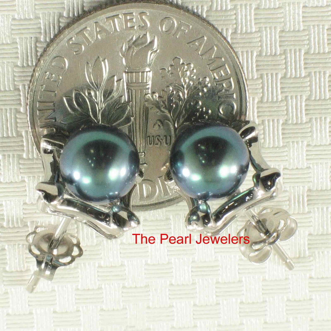 Solid 14k White Gold Square Four Hearts Black Cultured Pearl Stud Earrings