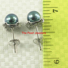 Load image into Gallery viewer, Solid 14k White Gold Square Four Hearts Black Cultured Pearl Stud Earrings