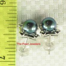 Load image into Gallery viewer, Solid 14k White Gold Square Four Hearts Black Cultured Pearl Stud Earrings