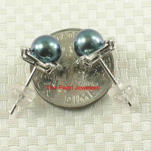 Solid 14k White Gold Square Four Hearts Black Cultured Pearl Stud Earrings