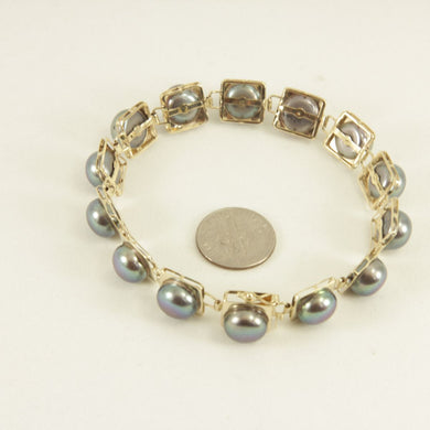 14k Solid Yellow Gold Stationary 9mm Black Cultured Pearl Bracelet