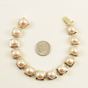 14k Solid Yellow Gold Stationary 9mm Pink Cultured Pearl Bracelet
