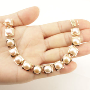 14k Solid Yellow Gold Stationary 9mm Pink Cultured Pearl Bracelet