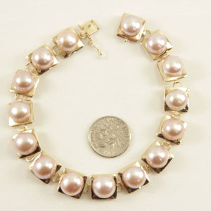 14k Solid Yellow Gold Stationary 9mm Pink Cultured Pearl Bracelet