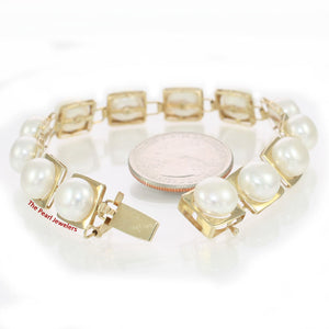 14k Solid Yellow Gold Stationary 9mm White Cultured Pearl Bracelet