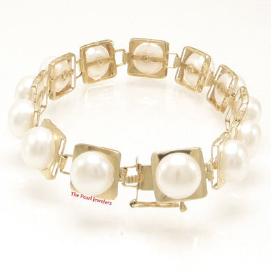 14k Solid Yellow Gold Stationary 9mm White Cultured Pearl Bracelet