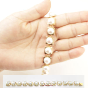 14k Solid Yellow Gold Stationary 9mm White Cultured Pearl Bracelet