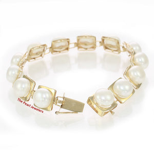 14k Solid Yellow Gold Stationary 9mm White Cultured Pearl Bracelet