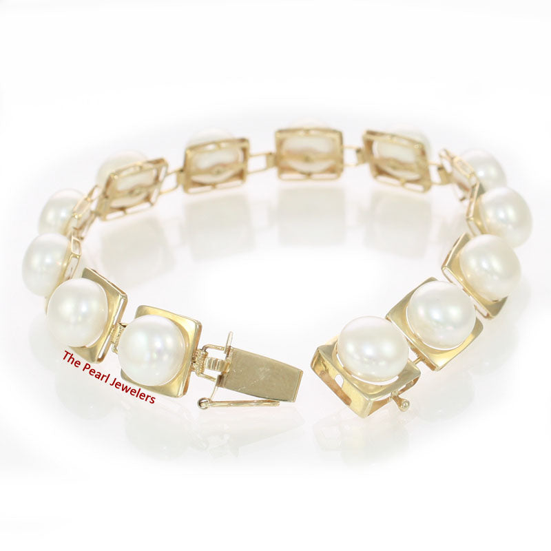 14k Solid Yellow Gold Stationary 9mm White Cultured Pearl Bracelet