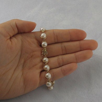 14k Solid Yellow Gold Stationary White Pearl Bracelet with “FU” Clasp
