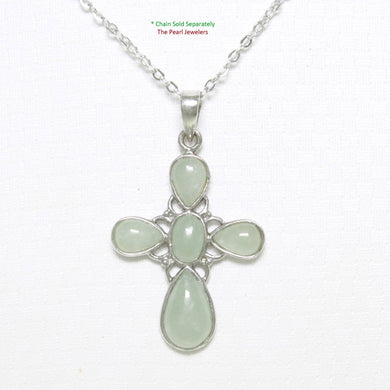 Solid Sterling Silver 925 Carved Celadon Green Jade Christian Cross Pendant