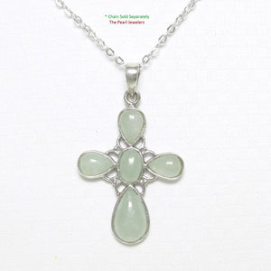 Solid Sterling Silver 925 Carved Celadon Green Jade Christian Cross Pendant