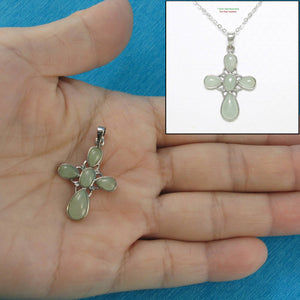 Solid Sterling Silver 925 Carved Celadon Green Jade Christian Cross Pendant