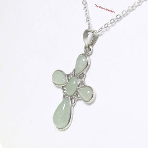 Solid Sterling Silver 925 Carved Celadon Green Jade Christian Cross Pendant