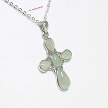 Load image into Gallery viewer, Solid Sterling Silver 925 Carved Celadon Green Jade Christian Cross Pendant