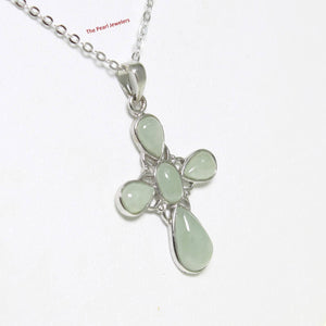 Solid Sterling Silver 925 Carved Celadon Green Jade Christian Cross Pendant
