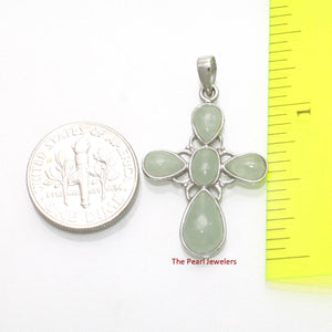 Solid Sterling Silver 925 Carved Celadon Green Jade Christian Cross Pendant