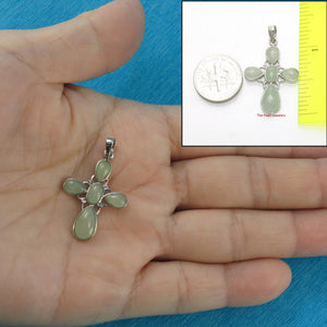 Solid Sterling Silver 925 Carved Celadon Green Jade Christian Cross Pendant