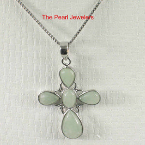 Solid Sterling Silver 925 Carved Celadon Green Jade Christian Cross Pendant