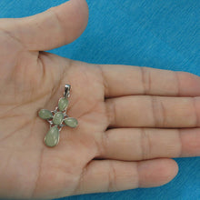 Load image into Gallery viewer, Solid Sterling Silver 925 Carved Celadon Green Jade Christian Cross Pendant