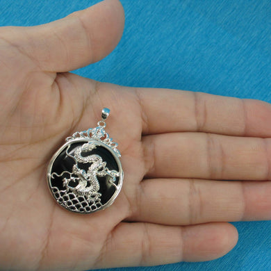 Solid Sterling Silver 925 Dragon Carving Black Onyx Pendant