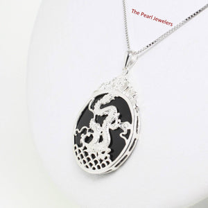 Solid Sterling Silver 925 Dragon Carving Black Onyx Pendant