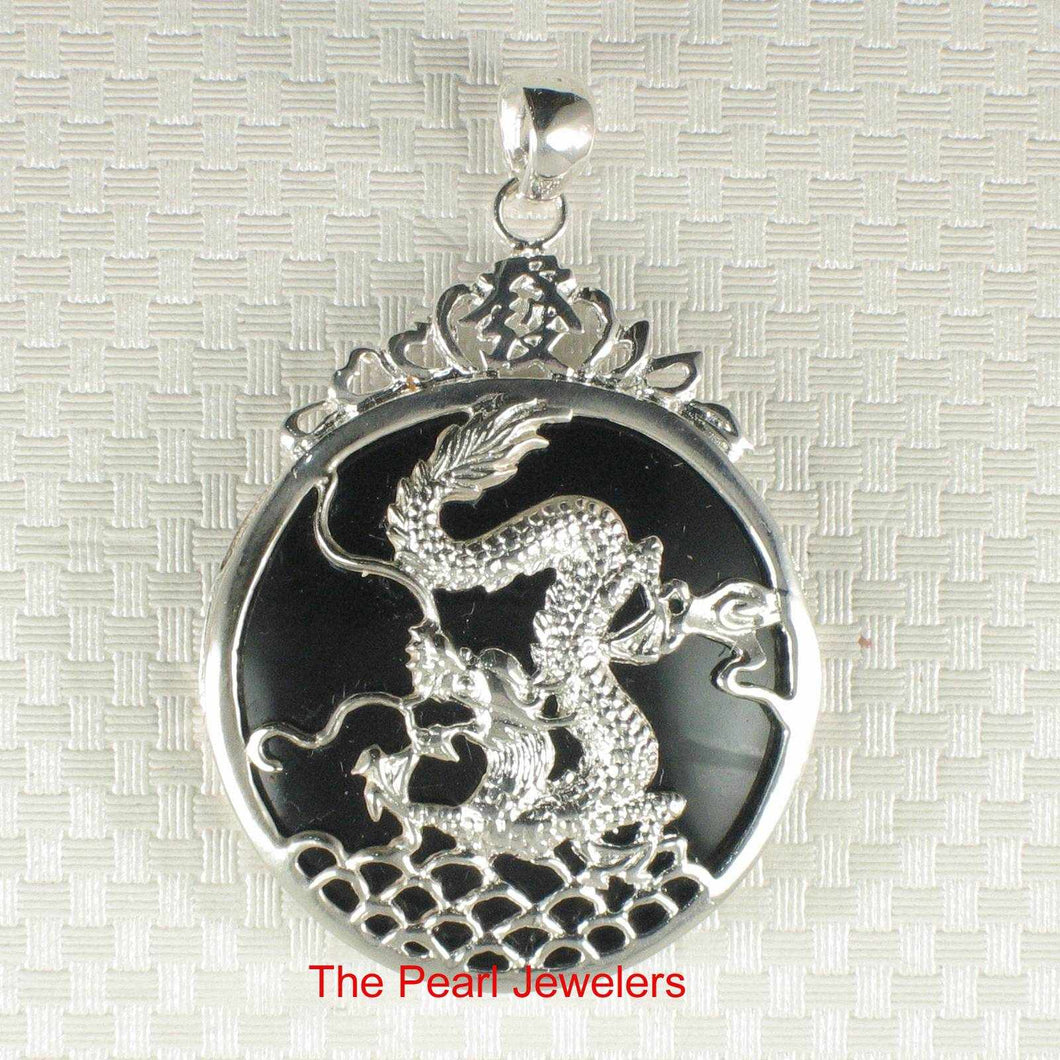Solid Sterling Silver 925 Dragon Carving Black Onyx Pendant