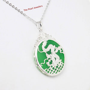 Solid Sterling Silver 925 Dragon Carving Green Jade Pendant