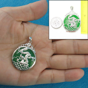 Solid Sterling Silver 925 Dragon Carving Green Jade Pendant