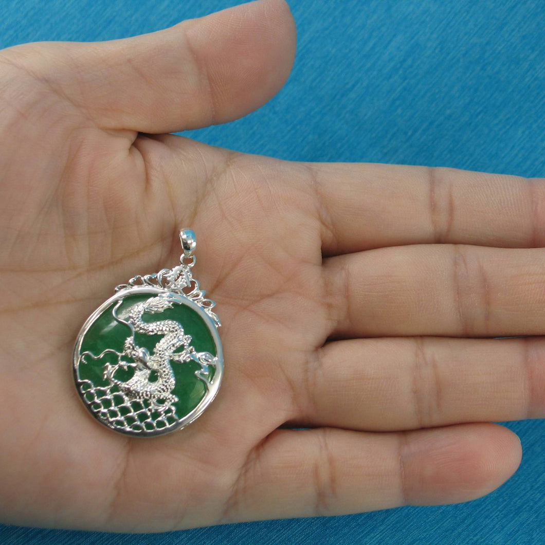 Solid Sterling Silver 925 Dragon Carving Green Jade Pendant