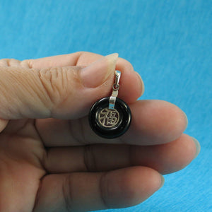 Solid Sterling Silver .925 Good Fortune Black Onyx Ring Pendant