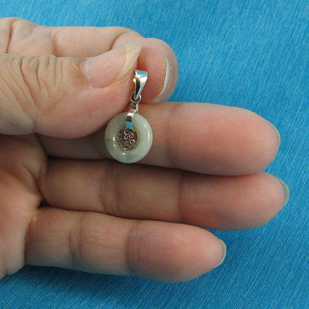 Solid Sterling Silver 925 Good Fortunes Green Jade Donut Pendant
