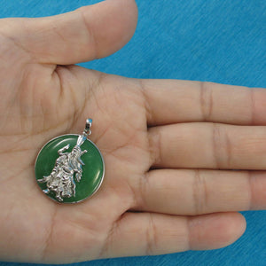 Solid Sterling Silver 925 Guan Gong Cabochon Green Jade Pendant