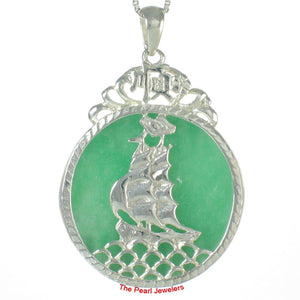 Sterling Silver 925 Yacht Carving Green Jade Pendant