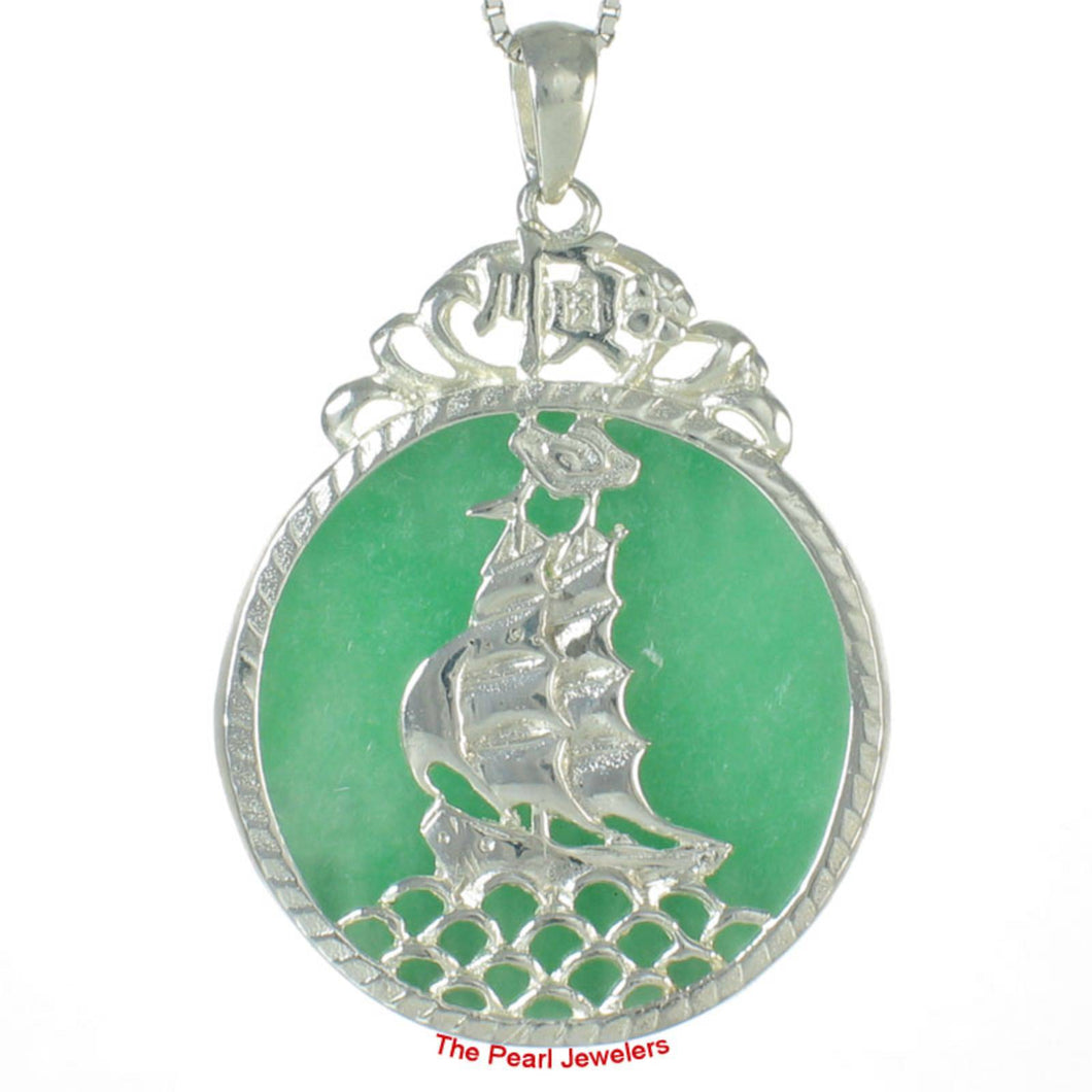 Sterling Silver 925 Yacht Carving Green Jade Pendant