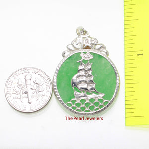 Sterling Silver 925 Yacht Carving Green Jade Pendant
