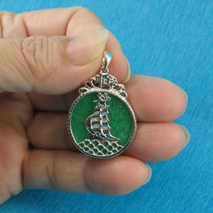 Sterling Silver 925 Yacht Carving Green Jade Pendant