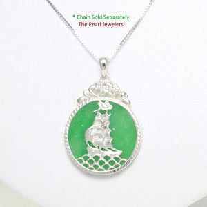 Sterling Silver 925 Yacht Carving Green Jade Pendant