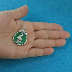 Sterling Silver 925 Yacht Carving Green Jade Pendant