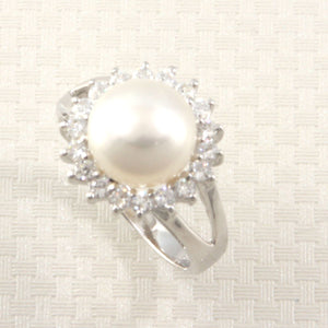 Solid Sterling Silver .925 Cultured Pearl & Cubic Zirconia Cluster Ring